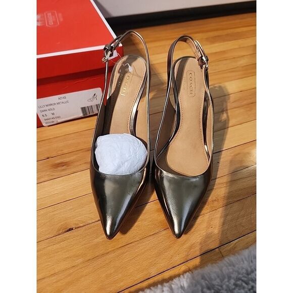 Coach Gold Signature Slingback Pointed Toe Pump Heel Shoe Metallic Women 6.5 - Picture 2 of 11